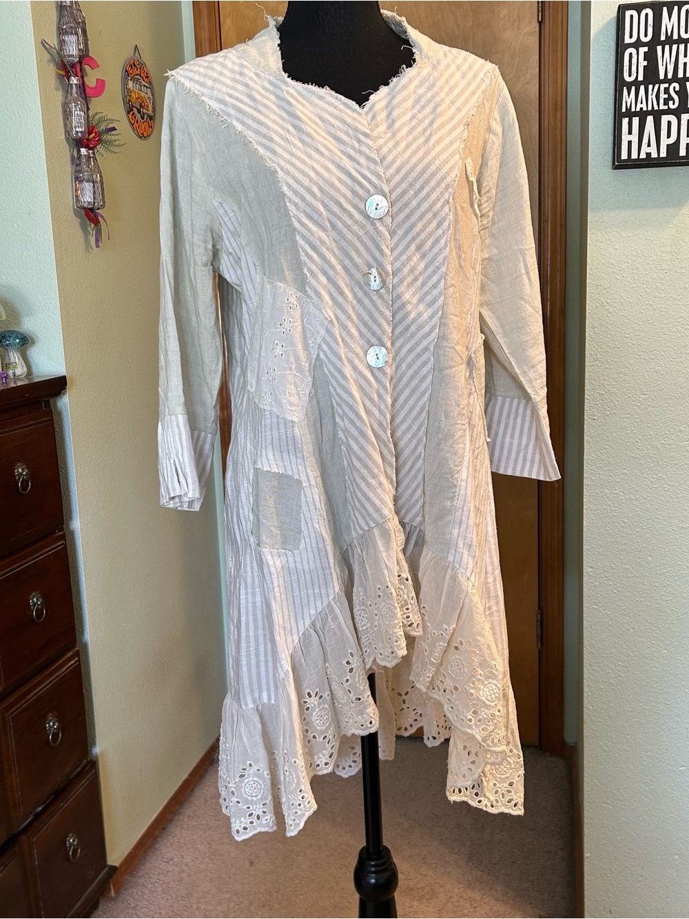 Paper Lace white and cream patchwork tunic duster shell buttons lace trim size S